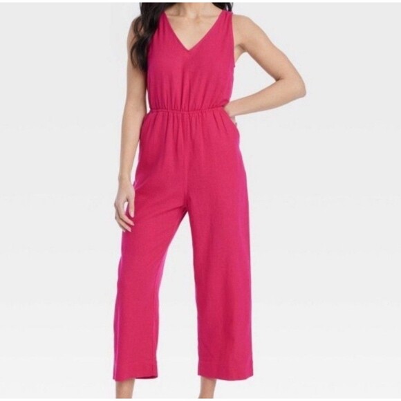 Universal Thread Linen Jumpsuit Plus Sz XXL Pink VNeck Cutout Back Elastic Waist - Picture 1 of 9